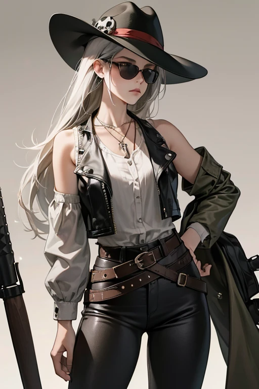 she has light olive-green skin and wears a black cowboy hat, red bandana with white crosses covering her mouth, a belt with an angry skull with cracks at the top, sunglasses (two pairs), a  necklace, a gray shirt, leather black pants, light gray shoulder pads, a black vest with her name on the back, and black biker boots on her feet, which have white, metal spikes hidden underneath, SPARKLE; GLITTER