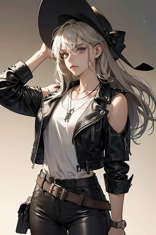 she has light olive-green skin and wears a black cowboy hat, red bandana with white crosses covering her mouth, a belt with an angry skull with cracks at the top, sunglasses (two pairs), a  necklace, a gray shirt, leather black pants, light gray shoulder pads, a black vest with her name on the back, and black biker boots on her feet, which have white, metal spikes hidden underneath, SPARKLE; GLITTER