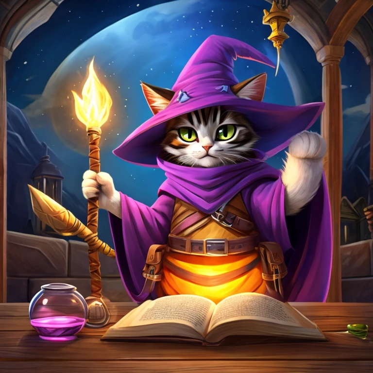 cute kitty, cat, wizard, cat wizard, wizard cap, wizard hat, wizard cloak, cat with wand, wizard wand, cat with potion, potion belt, cat icon