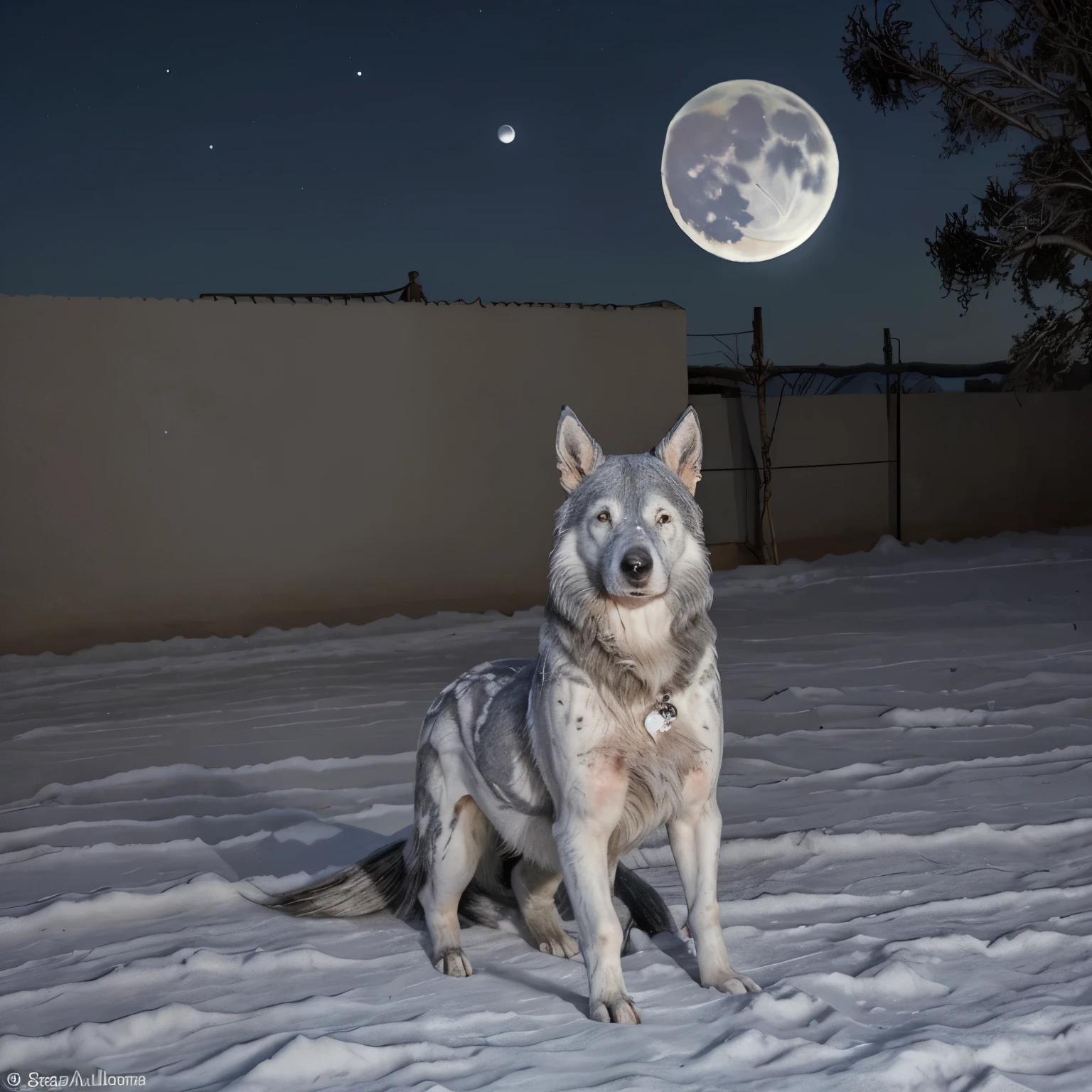 Lobo, con luna llena y nieves al alrededor