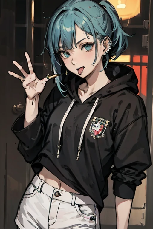 (highest quality、8k、Super detailed)、emo girl、((Open your mouth and stick out your tongue、Tongue piercing))、Lots of ear piercings、Photo of your face、Greenish blue hair、Smokey Eye Makeup、Pale skin、Black hoodie、Unconventional expression、Punk Style、、Tongue piercing、Tongue piercing 、Close-up of face
、hilarious pose、A fusion of Japanese style and the near future、white hot pants