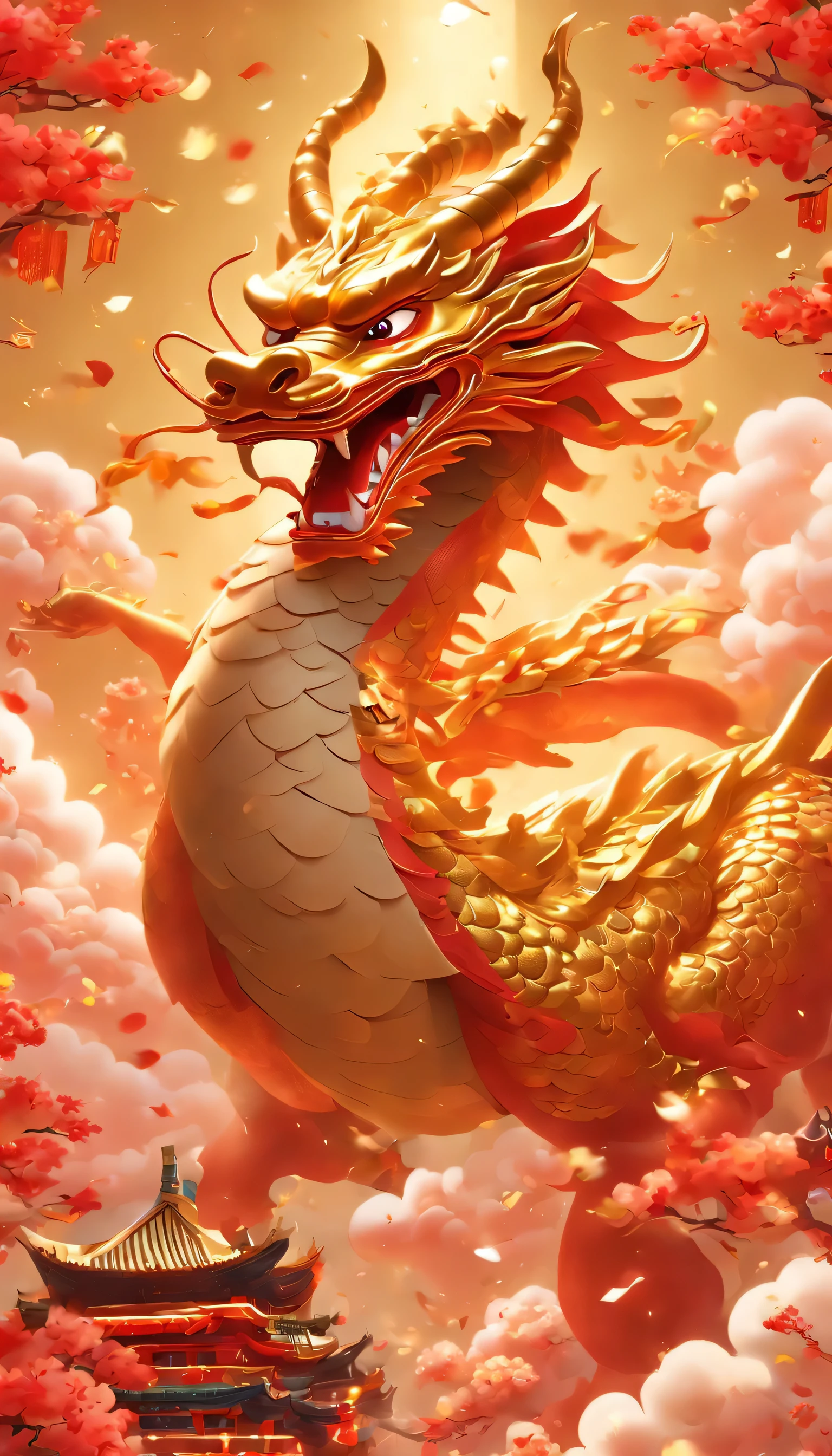 Chinese style golden dragon,Dragon on the ground,see diamond crystal,,background chinese style,Mountains and rivers,dragon huge,background flag waving,flag write"There is a lot of fire",Diamonds scattered on the ground