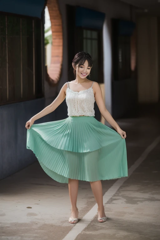 Arab woman in green skirt and white top standing inside a building, Pleated Skirt, Cyan skirt, 身着飘逸Long skirt, Wide skirt, Wearing teal clothes, sea green and white dress, Long skirt, White shirt and green skirt, light green, Lovely pastel tones accentuate femininity, Wearing a long flowing dress, Shot with Canon EOS 5D