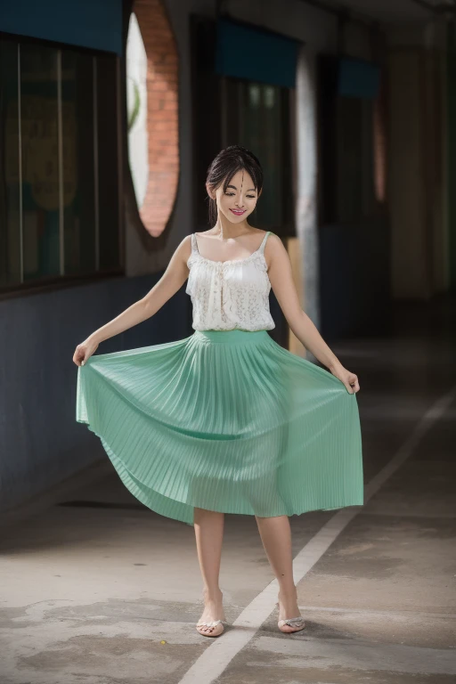 Arab woman in green skirt and white top standing inside a building, Pleated Skirt, Cyan skirt, 身着飘逸Long skirt, Wide skirt, Wearing teal clothes, sea green and white dress, Long skirt, White shirt and green skirt, light green, Lovely pastel tones accentuate femininity, Wearing a long flowing dress, Shot with Canon EOS 5D