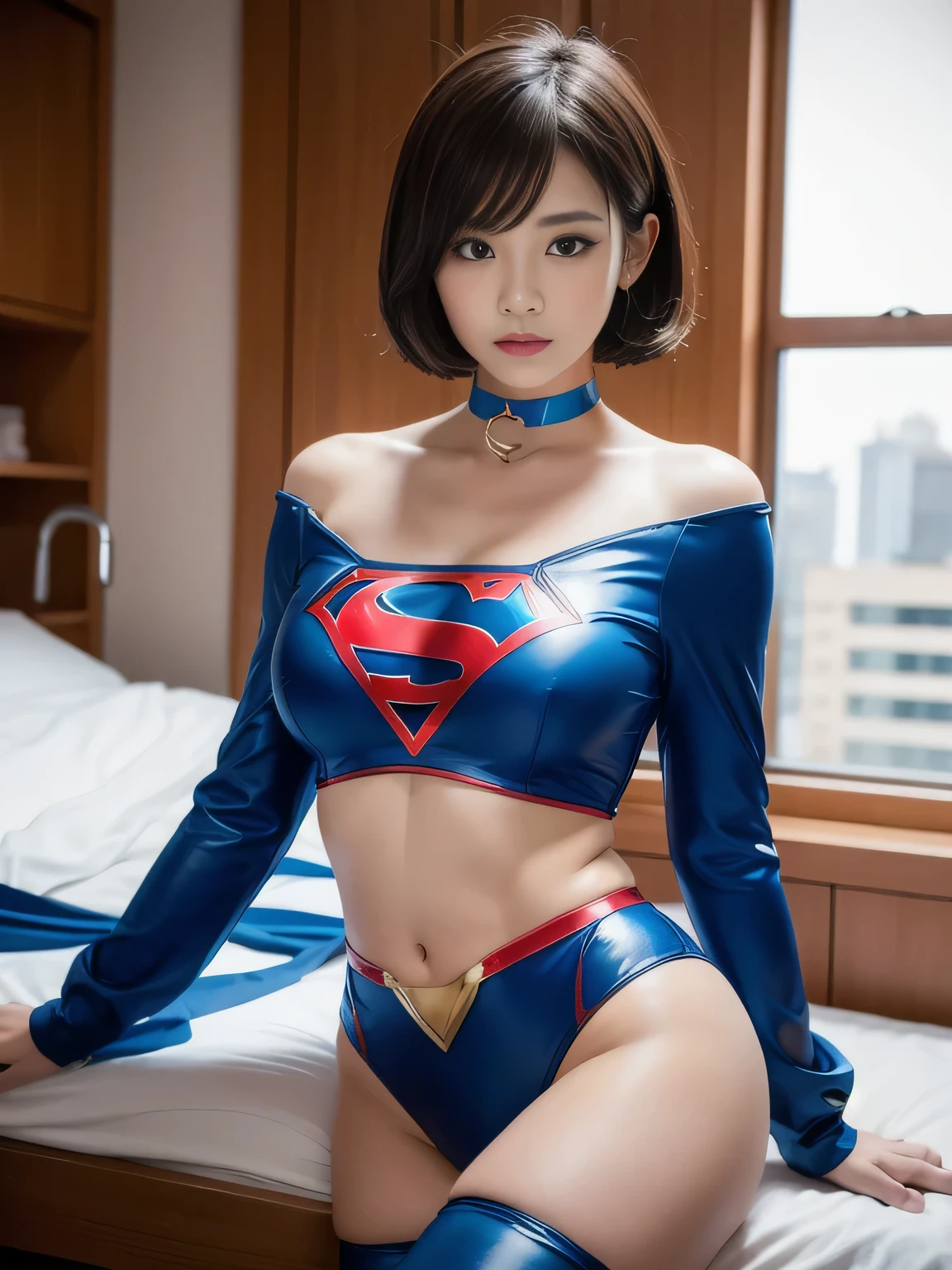 masterpiece、Enamel Supergirl Costume、Short Hair、Hospital operating table、Crisis situation、Big and ample breasts、looking at the camera、Shiny、Off the shoulder、choker、Long sleeve、Red exy poses to seduce、Sweaty、Model Body Type、Alluring、charm、Enchanting、abused、victim、