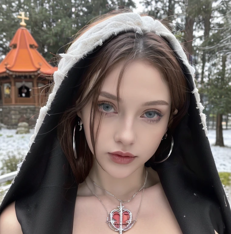 1 miniature Beautiful beautiful woman - Yuan Sayuki, ((top quality, 8K, Masterpiece:1.retty woman, 1 woman, huge breasts:1.3, a slim body:1.1, lush RED short hair, (shower, wet body, wet clothes:1.1), very detailed face, detailed lips, detailed eyes, double eyelids, Detailed blue eyes, чрезвычайно Detailed Outstanding Blue Eyes, short RED wet hair, white RED hair, Detailed Outstanding Blue Eyes, innocent look at the viewer, very wet wavy white hair, Detailed Outstanding Blue Eyes, huge cross earrings, Outdoors, badges behind, gothic wedding uniform, sexy gothic style wedding dress with veil, bare chest, huge chest tattoo wearing a wreath, detailed huge catholic cross earrings, chest tattoo, Outside - there are trees and a buddhist temple in the background (mountain vicinity), wear a silver cross (Detailed cross shape), reality mode, wet breasts, black necklace, black wedding dress and black veil, human crowd behind, head/forehead chain veil, black latex gloves, naked breasts, naked breasts, naked nipples, hair of RED colour, night time, red neon lights, demonic nun, nimbus (golden lighting ring above her head), angel, snowy weather, Detailed buddhist temple behind, midnight time,