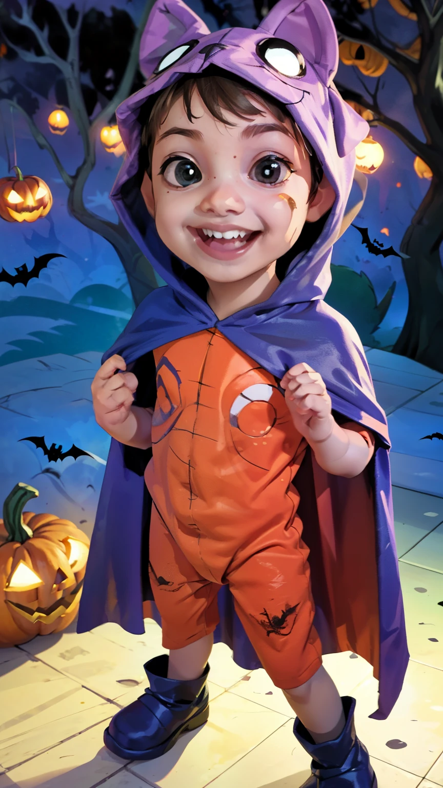 Cinematic Cartoon style. Comic art. TME0224 face, (((a , 4yo))) in funny Halloween night (((wearing a Smiling Critters costume with cape))). (((Comic halloween background))). cinematic lighting, drop shadow, masterpiece, UHD, anatomically correct, textured skin, super detail, high details, high quality, best quality, 4K