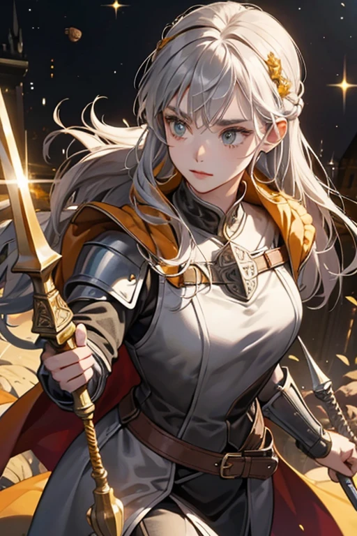 She wears silver, orange, and yellow medieval armor with an acorn on the chest and a rope belt. The Dark Knight also carries around a weapon known as a flail. SPARKLE; GLITTER