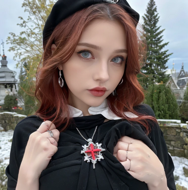 1 miniature Beautiful beautiful woman - Yuan Sayuki, ((top quality, 8K, Masterpiece:1.retty woman, 1 woman, huge breasts:1.3, a slim body:1.1, lush RED short hair, (shower, wet body, wet clothes:1.1), very detailed face, detailed lips, detailed eyes, double eyelids, Detailed blue eyes, чрезвычайно Detailed Outstanding Blue Eyes, short RED wet hair, white RED hair, Detailed Outstanding Blue Eyes, innocent look at the viewer, very wet wavy white hair, Detailed Outstanding Blue Eyes, huge cross earrings, Outdoors, badges behind, gothic wedding uniform, sexy gothic style wedding dress with veil, bare chest, huge chest tattoo wearing a wreath, detailed huge catholic cross earrings, chest tattoo, Outside - there are trees and a buddhist temple in the background (mountain vicinity), wear a silver cross (Detailed cross shape), reality mode, wet breasts, black necklace, black wedding dress and black veil, human crowd behind, head/forehead chain veil, black latex gloves, naked breasts, naked breasts, naked nipples, hair of RED colour, night time, red neon lights, demonic nun, nimbus (golden lighting ring above her head), angel, snowy weather, Detailed buddhist temple behind, midnight time,