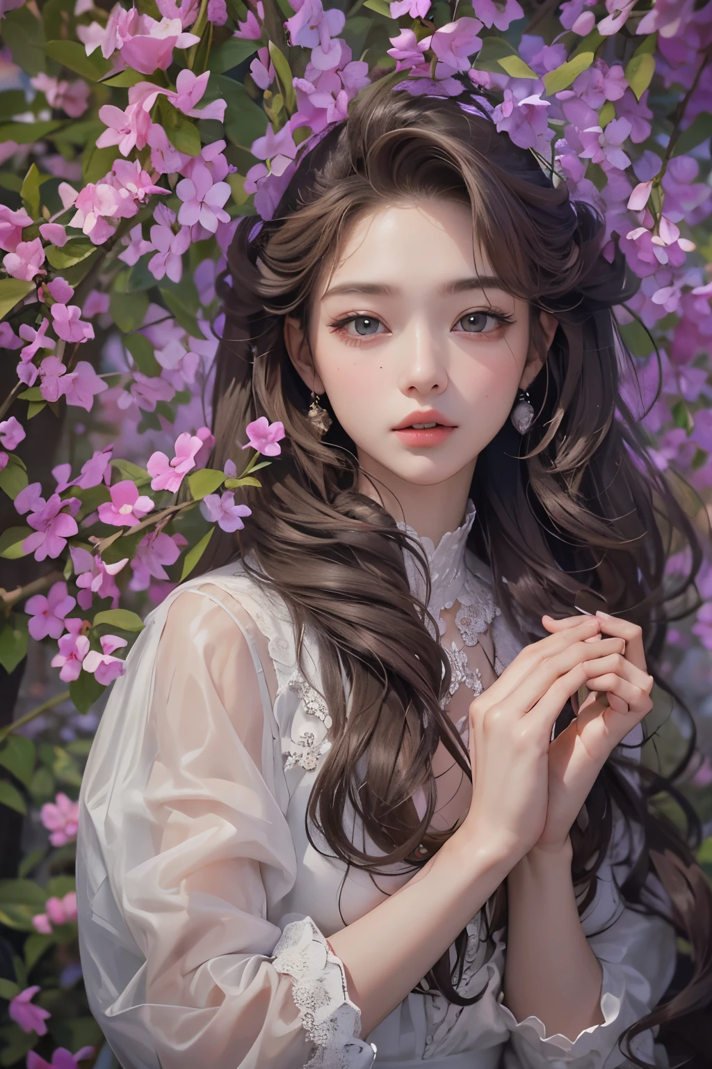 masterpiece, best quality, 8 thousand, 24 years old, photo beast, absurd, award winning portrait photography, pure, korean beauty, spring, stage with electronic display, laces, cute, right, healthy, popular, perfect hands, fluttering hair, Random behavior, random clothes,