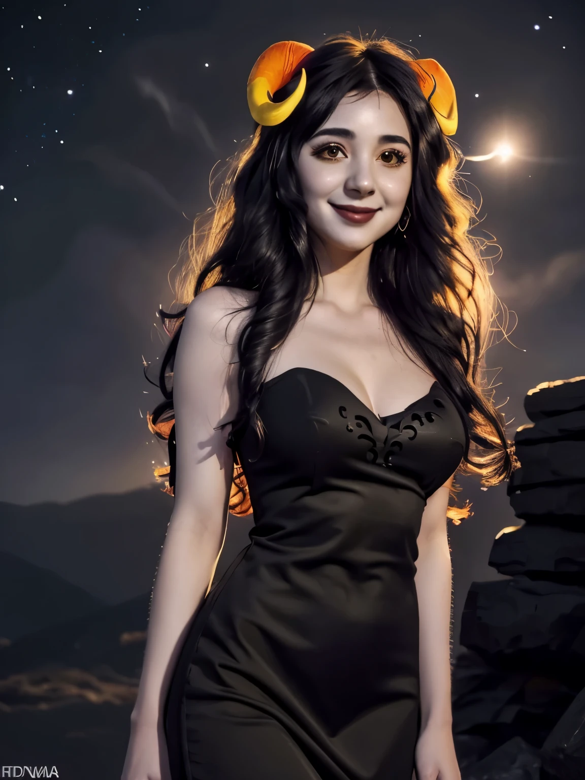 close-up portrait, aradia,  (horns), gray skin, very long hair, large breasts, cleavage, tube top, sleeveless dress, smile, bare shoulders, collarbone, (black lipstick), eyeliner, mature, (black eyes), (yellow sclera), goth, looking at viewer, night sky, stars, nebula, low angle