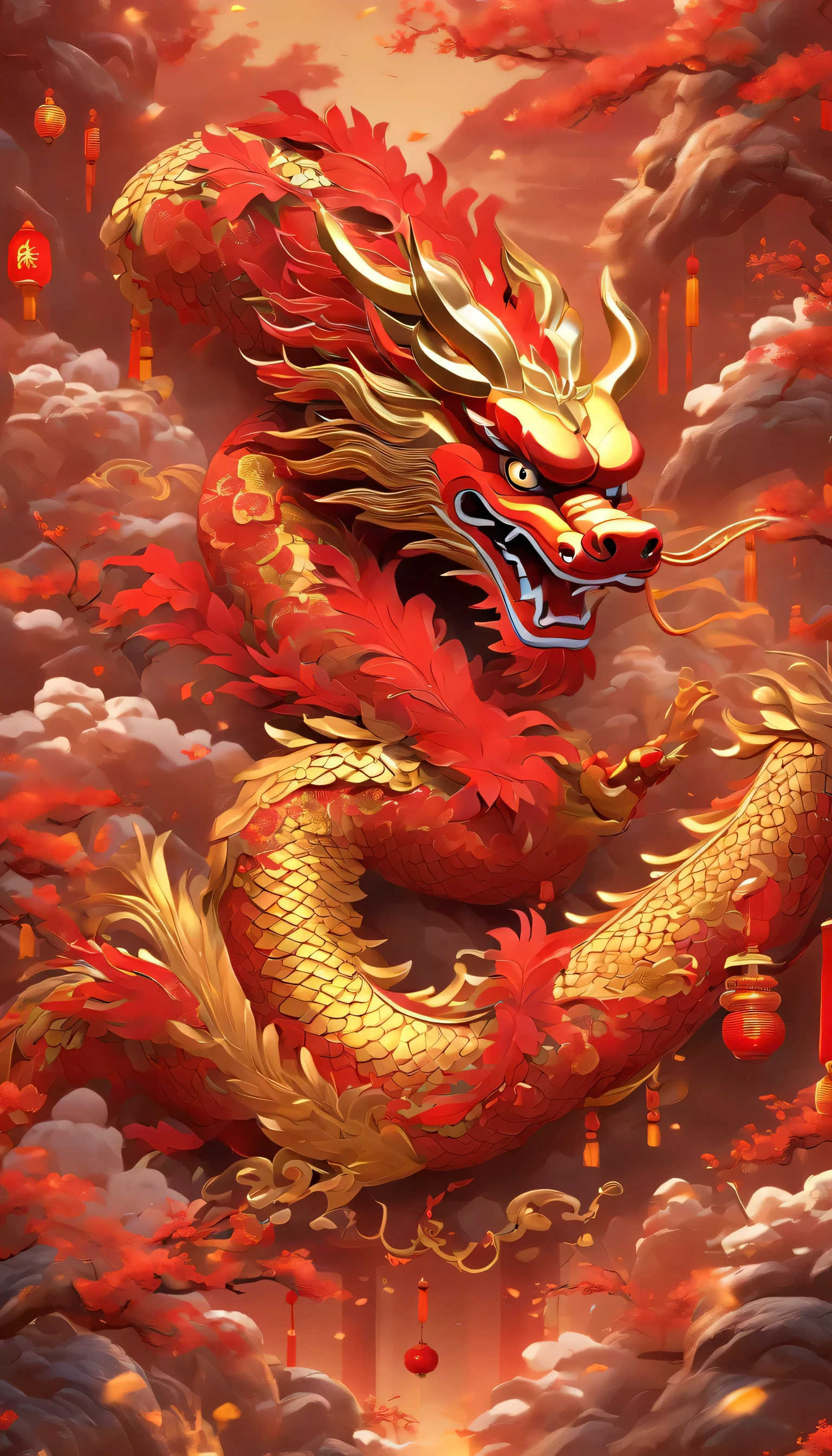 Chinese Lunar New Year,Red decoration on background,Ceramic gold and red small Chinese dragon,Pixar, charming, Cartoon Style,Commercial poster,There are decorations around,charming little dragon, ,With gold and red decoration, Chinese New Year festive background,Sleek Chinese Dragon, 8k Octave Rendering Photo, Colored zbrush rendering, 3D rendering style, Chinese dragon concept art, Red realistic 3D rendering, Ultra-detailed rendering