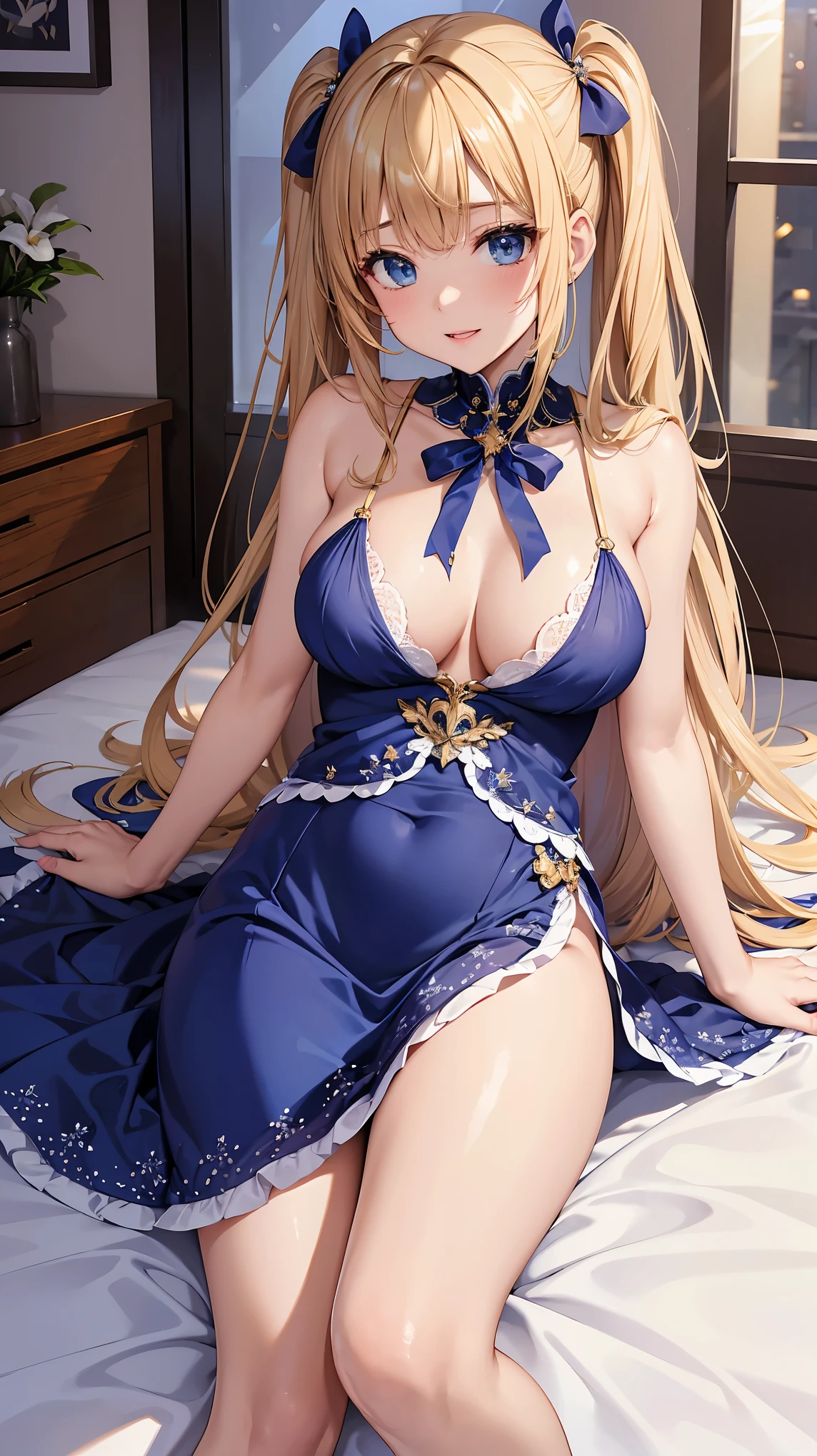 ((highest quality、High resolution))、A beautiful woman、Perfect body、beautiful ample breasts、Long blonde、bangs、Blue and white、embellished sexy dress、skirt、a sexually excited look、Legs wide open、(I'm seducing you)