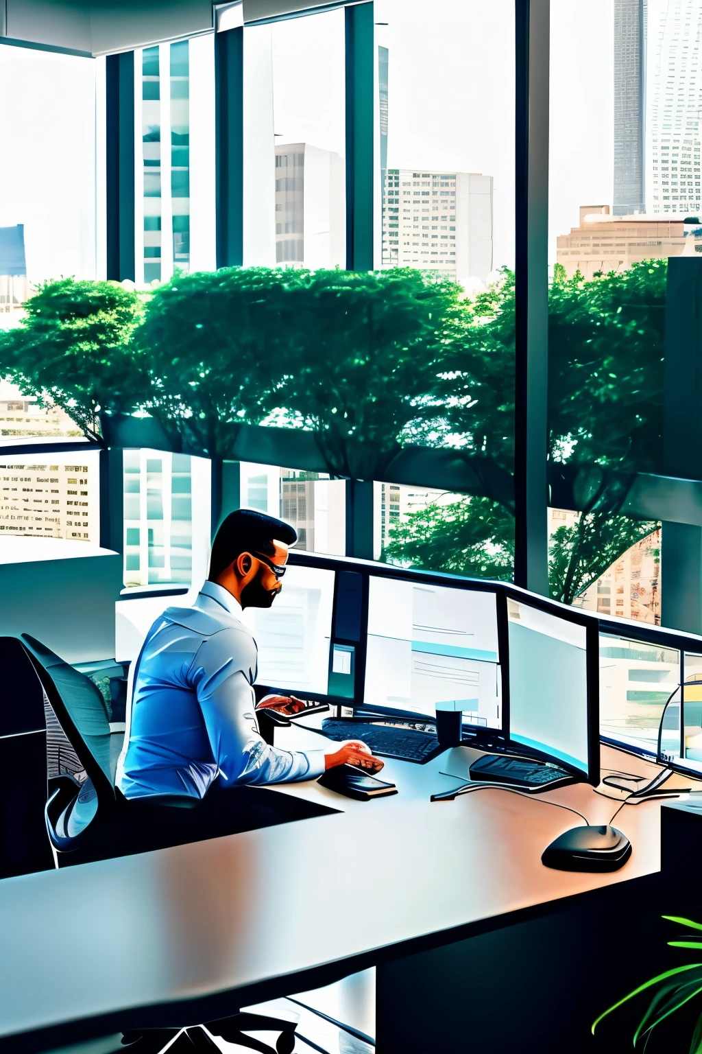 Outsourcing business practice: A bustling office complex located in the heart of a modern metropolis, surrounded by towering buildings and a mosaic of city life. Inside, employees work diligently at their computers, efficiently managing various business operations. Looking beyond the windows, the urban landscape transitions into lush greenery and tranquil waters, symbolizing the balance between productivity and nature. Dark clouds roll in, signaling the impending shift towards night and the end of the workday.

A complex network of communication systems connects the office to various corners of the globe, as individual screens display the faces of colleagues and partners, working remotely from different time zones. This global synergy embodies