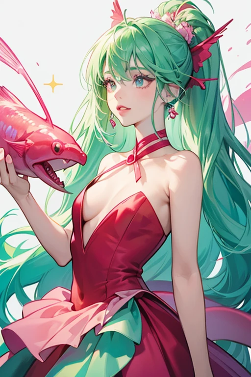 She is a pinkwith mint lips and eye stalks and long bright neon green hair. She wears a red dress and has a yellow eel with a pale teal underside and purple dorsal fin around her neck. SPARKLE; GLITTER