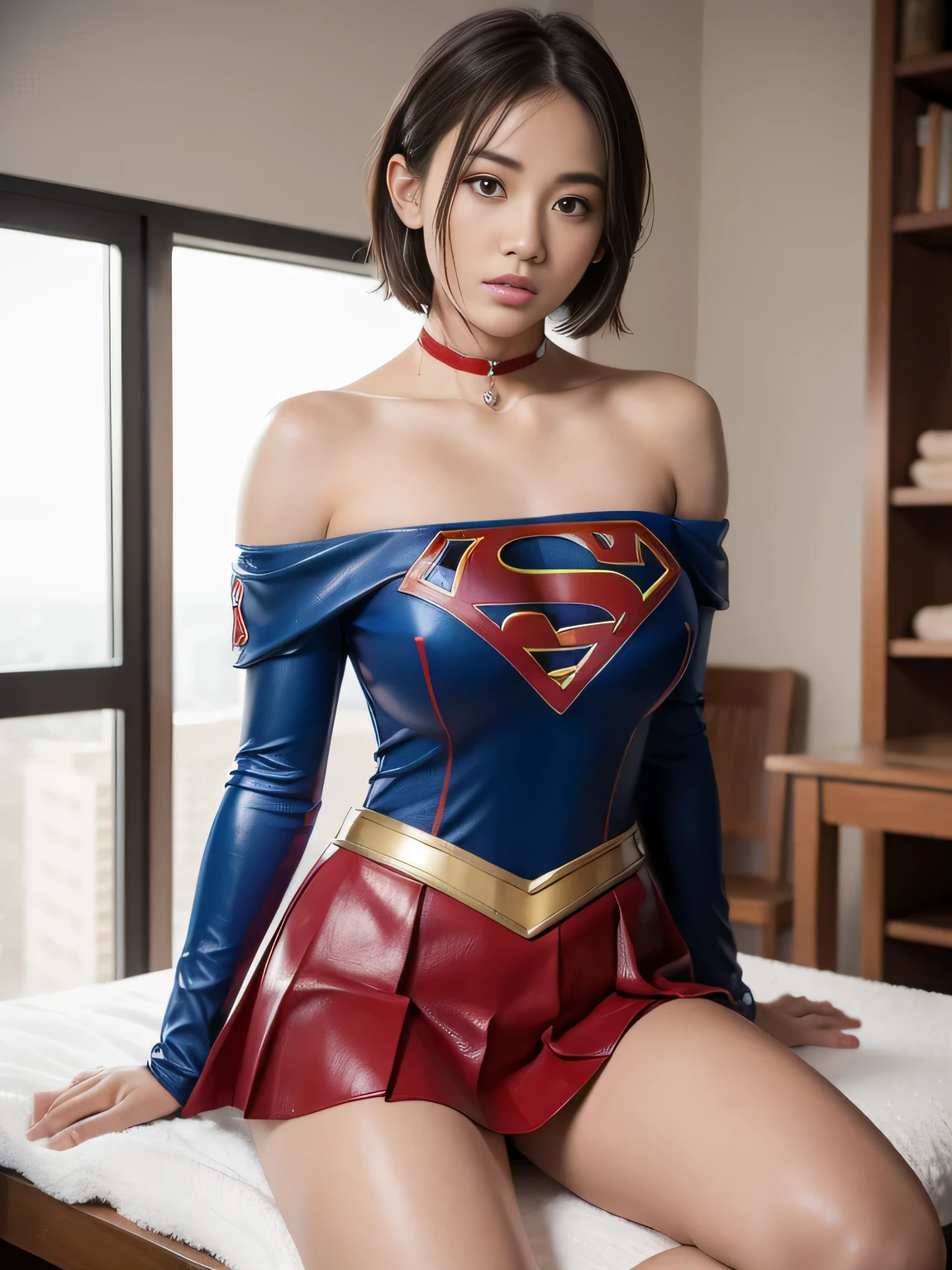 masterpiece、Supergirl Costume、short hair、barefoot、Big and ample breasts、Research Room、operating table、oil massage、Oily Skin、Shiny、Look at the camera、Sexy poses to seduce、Model Body Type、choker、Long sleeve、Red mini skirt、Cowgirl、Estrus、sweaty、Radical、Off the shoulder、Alluring、charm、Enchanting、Fascinating、abused、