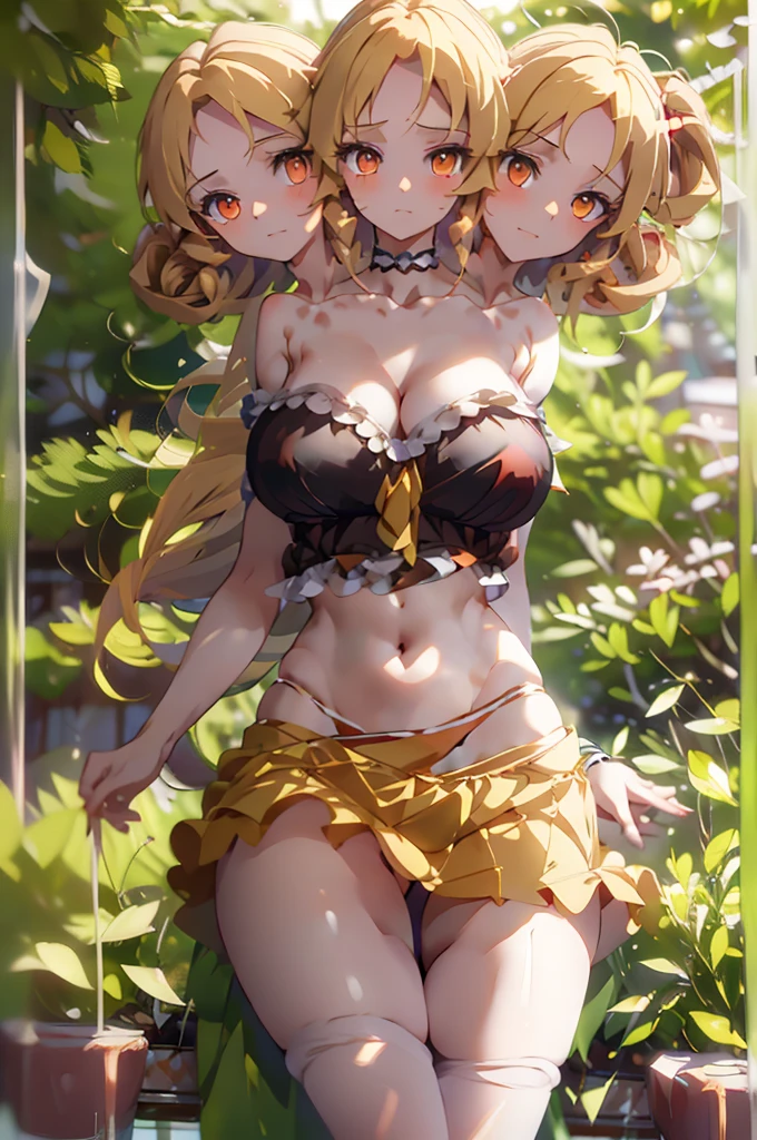 (masterpiece, best quality), best quality, best resolution, (ultra-detailed), (3heads:1.5), 1girl, (elly:1.3), masterpiece, best quality, ultra quality, ultra resolution, ultra detail, dark red and pink top, crop top, ((stomach)), midriff, ((groin)), dark red and pink skirt, miniskirt, normal ears, shackles, yellow hair, very long hair, wavy hair, sidelocks, yellow eyes, parted lips, open belly, sweat, cute, toned belly, hand on own chest, eyelashes, (24 year old woman:1.3), (masterpiece:1.5), (best quality:1.5), (beautiful detailed), extremely detailed CG, extremely delicate and beautiful, depth of field, (finely detailed face), (perfect details:1.2), (mature female:1.3), wide pelvis, slender, large veiny breast, 16k resolution, highres, high quality, high definition, extremely detailed, masterpiece, yellow hair, long hair, alluring presence, twin braid, short skirt, close up, big tits, young,