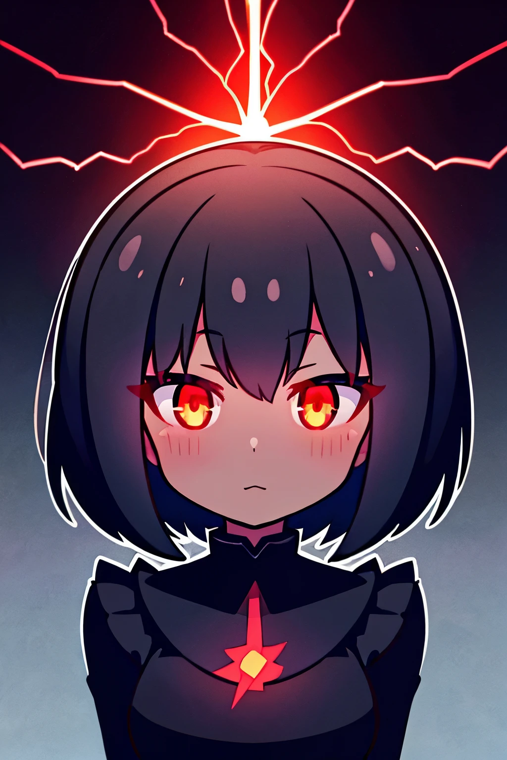 fusion art, shadow art, silhouette art, best quality, super fine, 16k, incredibly absurdres, extremely detailed, a flash of lightning, a momentary glimpse of a cute girl with a bob haircut, expressionless, eyes glowing red, a bust-up portrait, dark fantasy, horror, a pitch-black Western-style mansion