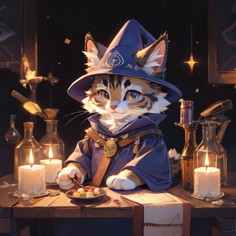 cute kitty, cat, wizard, cat wizard, wizard cap, wizard hat, wizard cloak, cat with wand, wizard wand, cat with potion, potion belt, cat icon, cat maine coon, cat breed, cat breed maine coon, small kitty, cute,