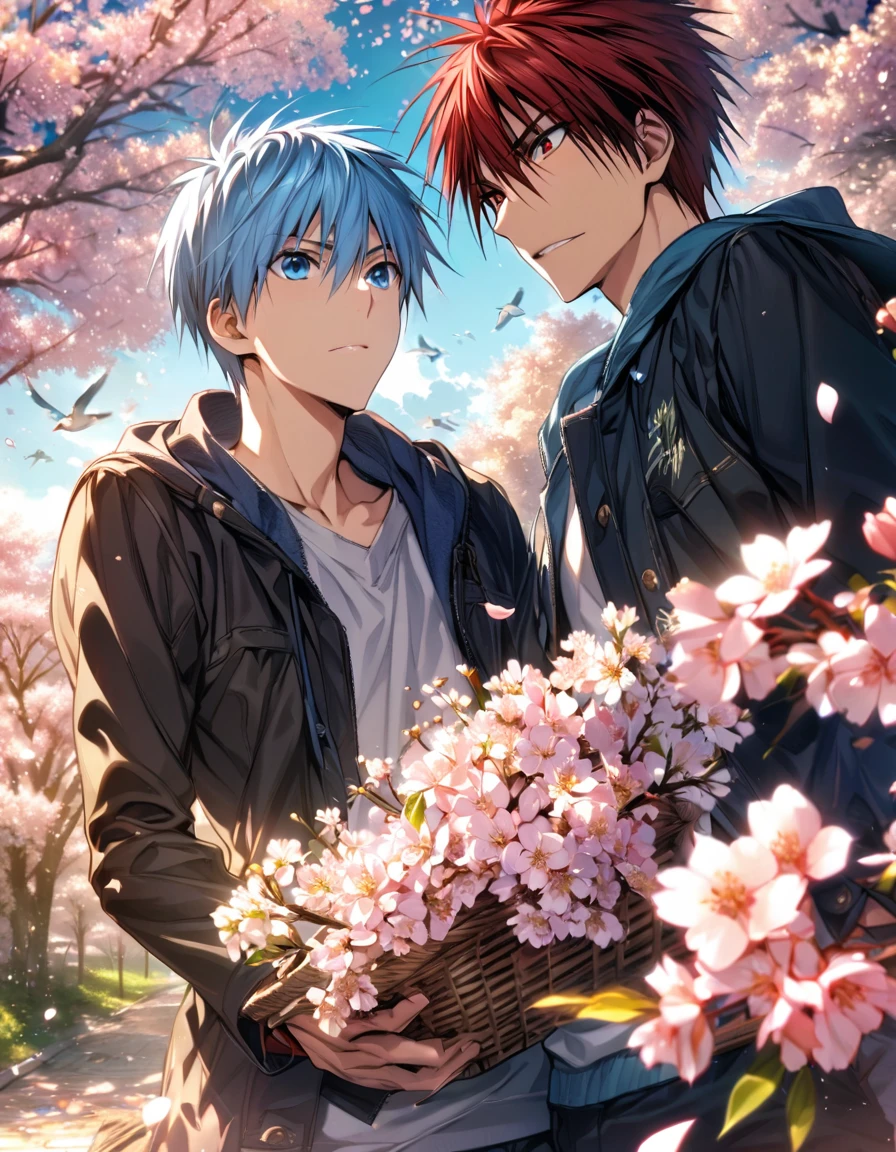 absurdres, highres, ultra detailed, HDR, masterpiece, extremely detailed face and eyes, Kagami Taiga, red short hair, expressive red eyes, Kuroko No Basket, Kuroko Tetsuya, light-blue hair, expressive blue eyes, 2men together, gay couple, handsome, spring, blossoms, petals, birds, trees