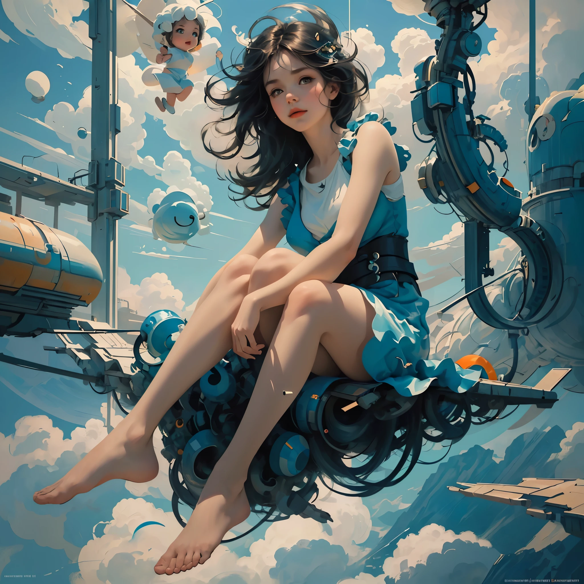 masterpiece, best quality, movie still, 1girl, floating in the sky, cloud girl, cloud, (close-up:1.1), bright, happy, fun, soft lighting, (Bauhaus, shapes, lines, abstract:1.1)