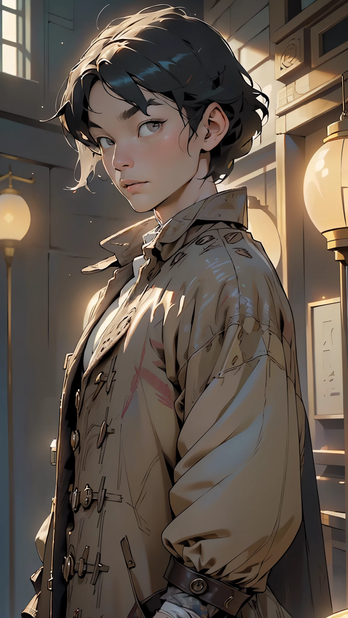 (((Sherlock holmes))),detective,brilliant mind,observant eyes,forensic science,crime-solving genius,solving puzzles,clues,(pectoral,man chest), (35 year old man),mature,(short black hair similar to the night),((1male,1 male,1man,man,male gender:1.5,male focus)),(((black_eyes:1.3))),intricate eyes,beautiful detailed eyes,symmetrical eyes,((detailed face)),,(solo),
Intense gaze,mysterious aura,Suspicion of danger
(((long leather raincoat,tweed coat,vintage style clothes))),((bulge in pants)),((intricate outfit,intricate clothes, Victorian era style clothes)),
(dynamic pose:1.0),mocking,(centered,scale to fit dimensions,Rule of thirds),
((((surrounded by tiny orbs of bright gold light that float and spin around him)))),
indoor,((Victorian style dark palace at night)),scenery:1.25,intricate scenery,extremely scenery,((Victorian style dark palace in the background)),
(Glossy Victorian era ornaments),highres,sharp focus,(ultra detailed,extremely detailed),(photorealistic artwork:1.37),(extremely detailed CG unity 8k wallpaper),(((vibrant colors,vibrant theme))),(intricate),(masterpiece),(best quality),artistic photography,(photography taken by sldr),(intricate background),perfect rendered face,perfect face details,realistic face,photo realistic,((intricate detail)),(((realism))),