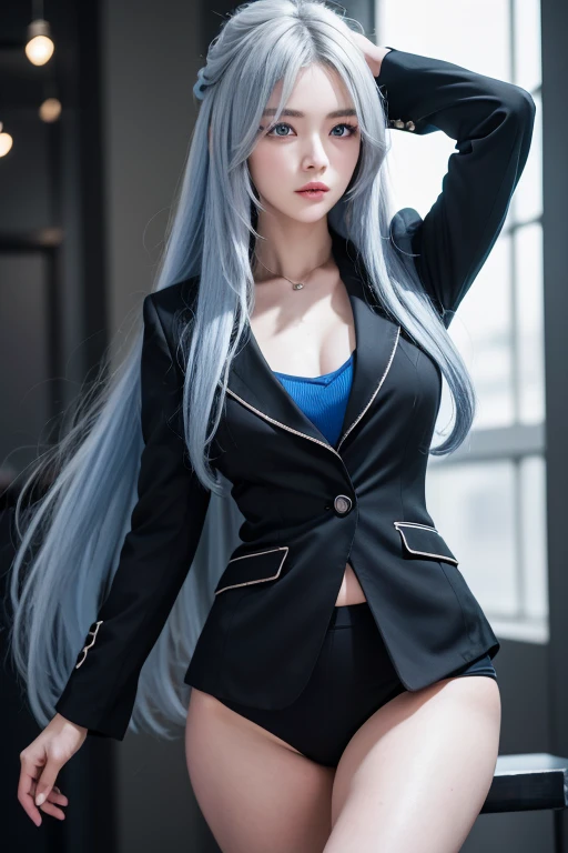 Anime Style、White skin、Gray Hair、Long Hair、Blue vein hair、Upward、Large and noticeable、Colorful gas expression、Captivating big 、feminine、High-frequency detail (((Sharpness)))、((Focus Sharp: 1.2 ) )、Pueros Face_v1: 0.7)、(8k、highest quality)、Very large chest light)))、Beautiful lighting、Highly detailed face、well drawn hands、Well drawn legs、Well drawn legs、Exposed chest、(masterpiece) : 1、2)、highest quality、masterpiece、High resolution、Original and detailed wallpapers、information: Personal Security、黒いsuit、Black tie、全身カバー black suitl suit, girl in a suit, wearing a strict business suit, wearing a black suit, wearing black suit, wearing black business suit, in strict suit, wearing business suit, in a business suit, black suit, suit , Perfect Face, with a business suit on, Confident face、strong skeleton、Woman with a good physique, Bright Eyes、Blue or green eyes、Light makeup, Under eye makeup, Add blue highlights to the tips of your hair, Very clear eyes