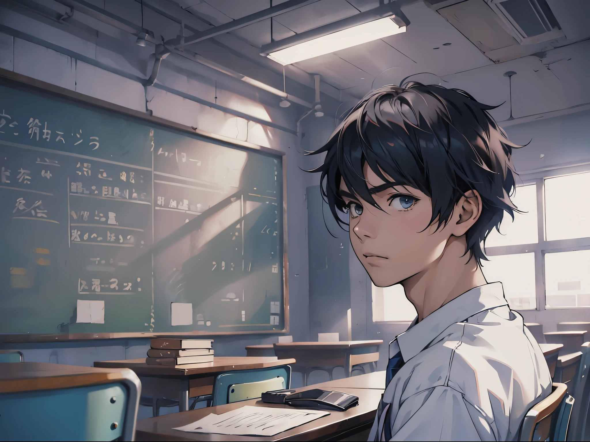 Un personaje de anime sentado en una silla, A 19 year old high school boy