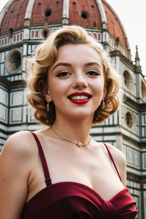 ((best quality)), ((masterpiece)), (detailed), Marilyn Monroe together neara Porsche 356a, background Brunelleschi's dome in Florence, makeup,    green eyes, teeth, lipstick, red dress, jewelry, beautiful smile