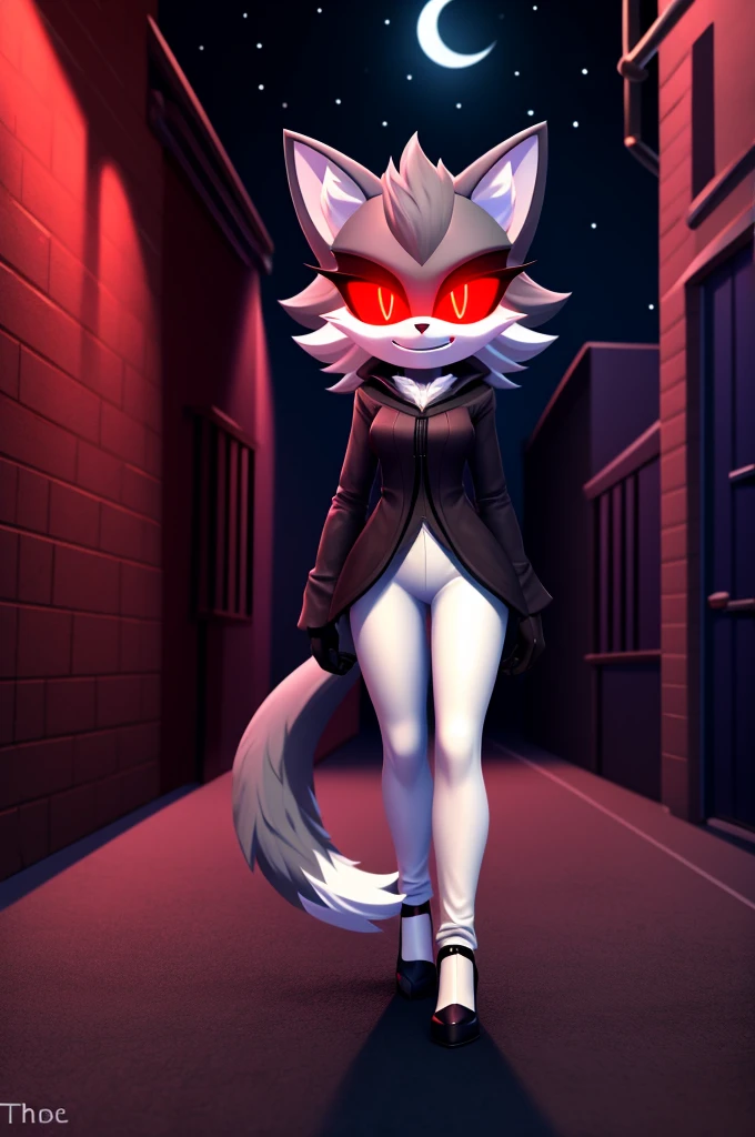 (((masterpiece))), High quality, studio quality, dark colors, 4k, solo character, mobian, tall skinny character, fluffy and wispy grey fur, female cat demon, wearing a grey coat with coattails, white leggings, black high heels, evil smile, triumphant pose, long fluffy tail, red glowing eyes, smoky atmosphere, in the back of a dark city alleyway, nighttime, digital art