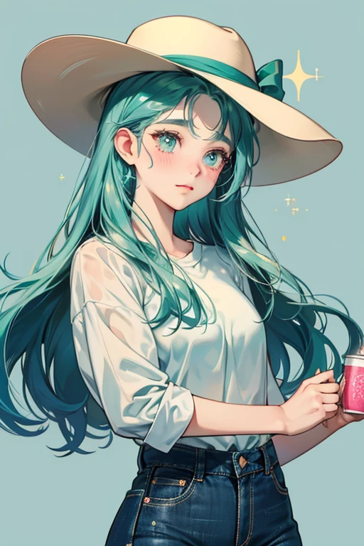 She is light teal, has rosy cheeks, and wears a cream-colored hat, Texas-style dark blue jeans, and a dark green shirt. SPARKLE; GLITTER