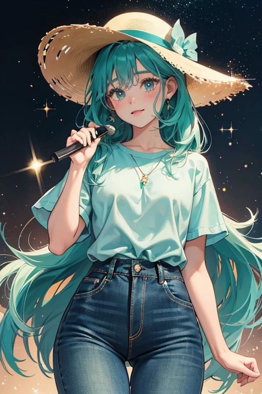 She is light teal, has rosy cheeks, and wears a cream-colored hat, Texas-style dark blue jeans, and a dark green shirt. SPARKLE; GLITTER