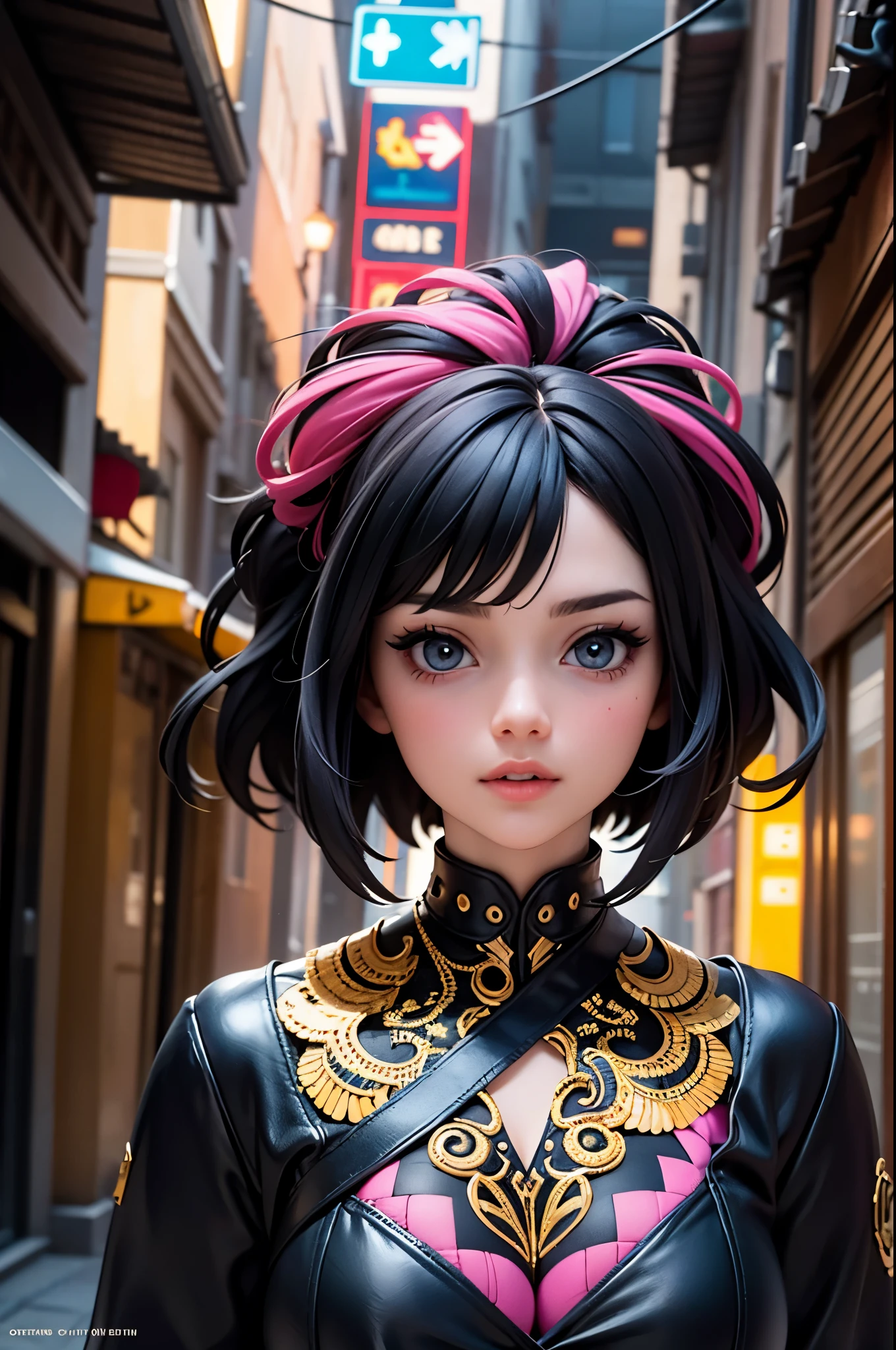 Centered, symmetrical, portrait official art, unity 8k wallpaper, ultra detailed, beautiful and aesthetic, masterpiece, best quality, (zentangle, mandala, tangle, entangle), (fractal art:1.3) , 1girl, extremely detailed, dynamic angle, vivid colours, romanticism, atmospheric, ecstasy of musical notes, streaming musical notes visible. Luminous light. Luminous, 4K, highly detailed Cyberpunk alley at night.
