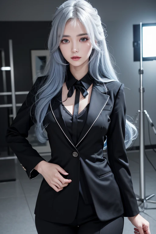 Anime Style、White skin、Gray Hair、Long Hair、Blue vein hair、Upward、Large and noticeable、Colorful gas expression、Captivating big 、feminine、High-frequency detail (((Sharpness)))、((Focus Sharp: 1.2 ) )、Pueros Face_v1: 0.7)、(8k、highest quality)、Very large chest light)))、Beautiful lighting、Highly detailed face、well drawn hands、Well drawn legs、Well drawn legs、Exposed chest、(masterpiece) : 1、2)、highest quality、masterpiece、High resolution、Original and detailed wallpapers、information: Personal Security、黒いsuit、Black tie、全身カバー black suitl suit, girl in a suit, wearing a strict business suit, wearing a black suit, wearing black suit, wearing black business suit, in strict suit, wearing business suit, in a business suit, black suit, suit ， Perfect Face, with a business suit on, Confident face、strong skeleton、Woman with a good physique, Bright Eyes、Blue or green eyes、Light makeup, Under eye makeup, Add blue highlights to the tips of your hair, Very clear eyes