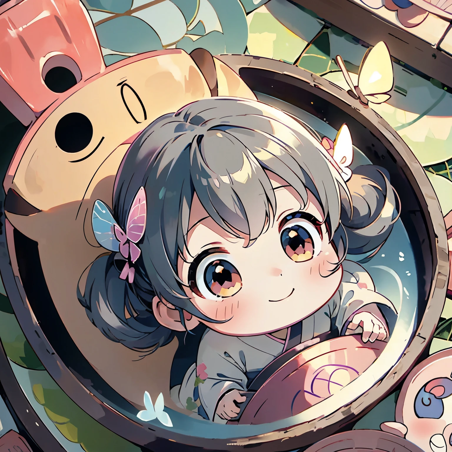 Anime characters in Japan（chibi girl、smile、kimono、butterfly hair ornament）There is a manhole cover with a、colorful