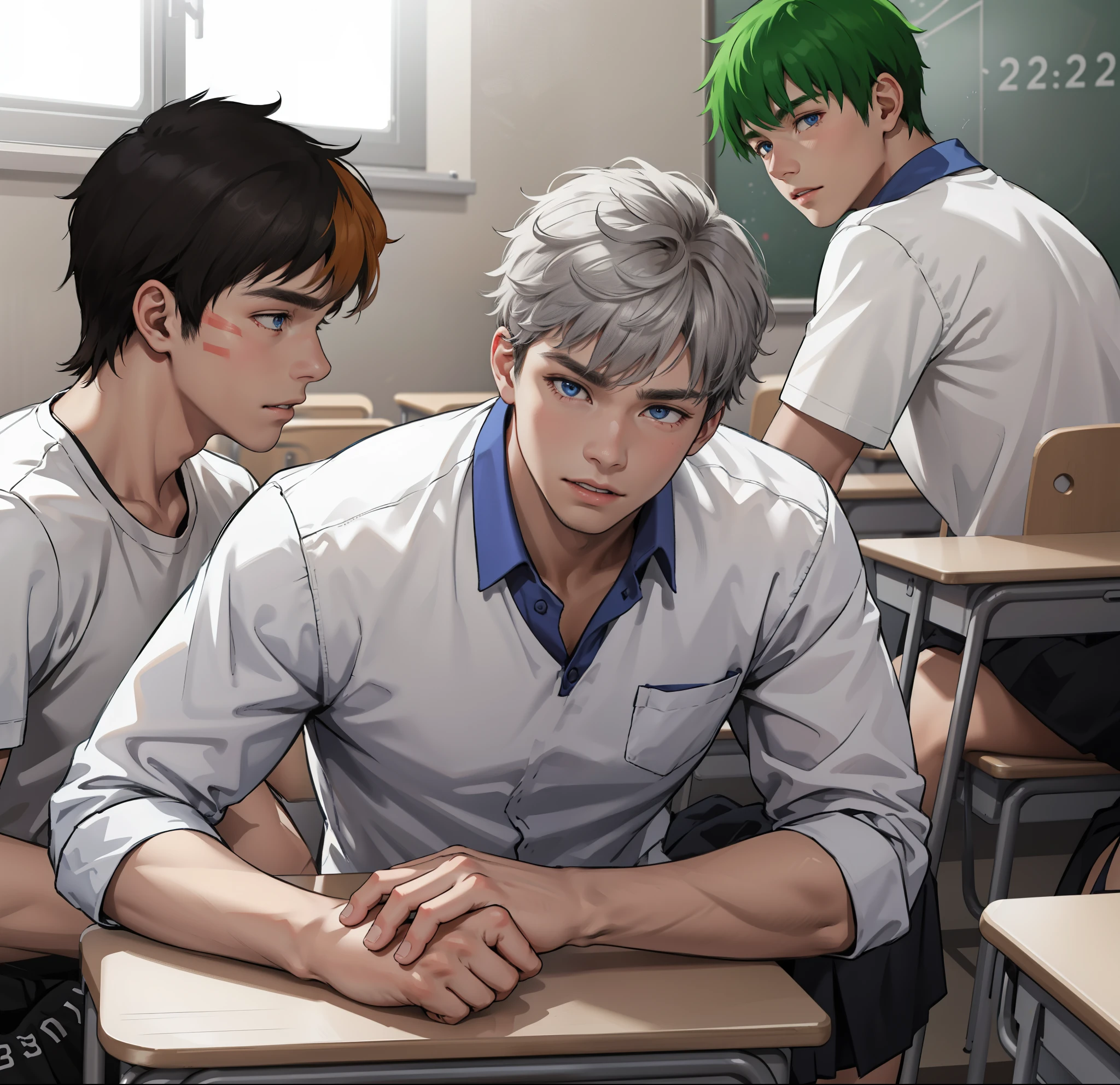 Male adolescents of 15 years with brown Latin skin and gray hair, blue eyes, white shirt are in the school classroom talking something