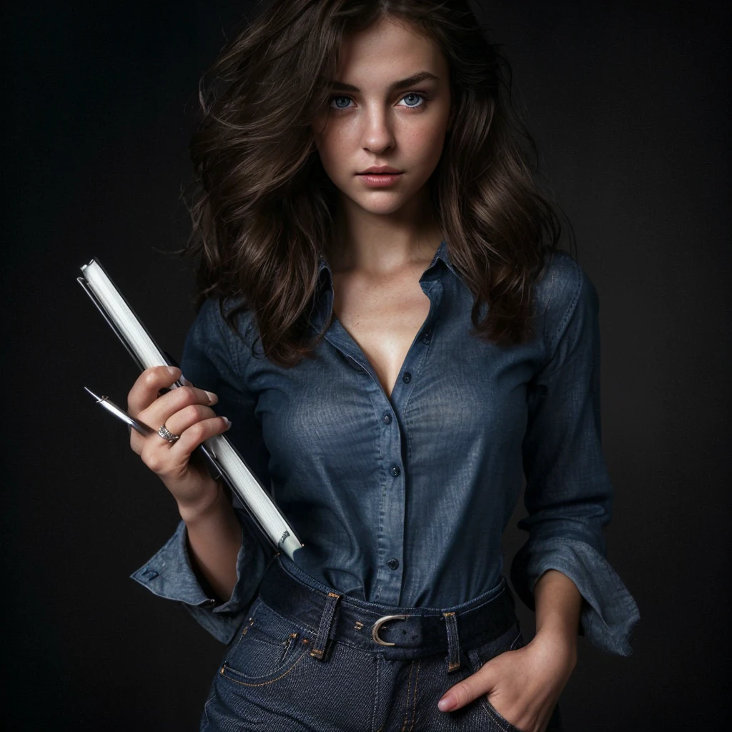 (strong chiaroscuro:1.2), half-body shot of a brunette girl,1 girl, european features, beautiful detailed eyes, beautiful detailed lips, extremely detailed eyes and face, dynamic pose, expressive facial expression, stylish, blue shirt, dark grey denim trouser, silver ring on her finger, holding a thick notebook and a pen, ultra-realistic, high def, studio lighting, vivid colors