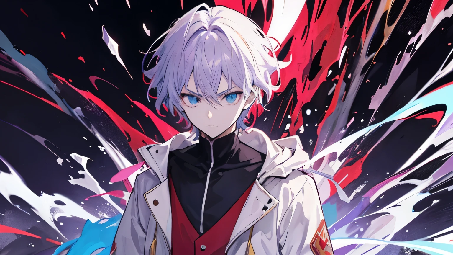 pintura de um homem de jaqueta preta e camisa branca em frente a um fundo roxo e preto, Arte Zerochan, epic anime style, inspirado em Okumura Masanobu, epic anime art, estilo de arte ufotable, arte abstrata de anime, made with anime painter studio, advanced anime digital art , anime de nivelamento solo, homem vestindo um casaco ficando no canto da imagem