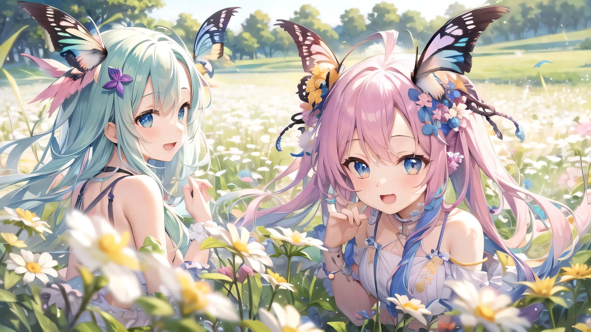 Two pure and innocent girls,、2 people(One with pink hair、1 Name Light Blue Hair)、Cute face、Beautiful Eyes、topless、Nipples、Natural beauty、Warm sunshine、Wildflowers swaying in the breeze々Surrounded by、Enjoying time in the fields。Butterflies and birds fly around her、Creates a playful atmosphere。