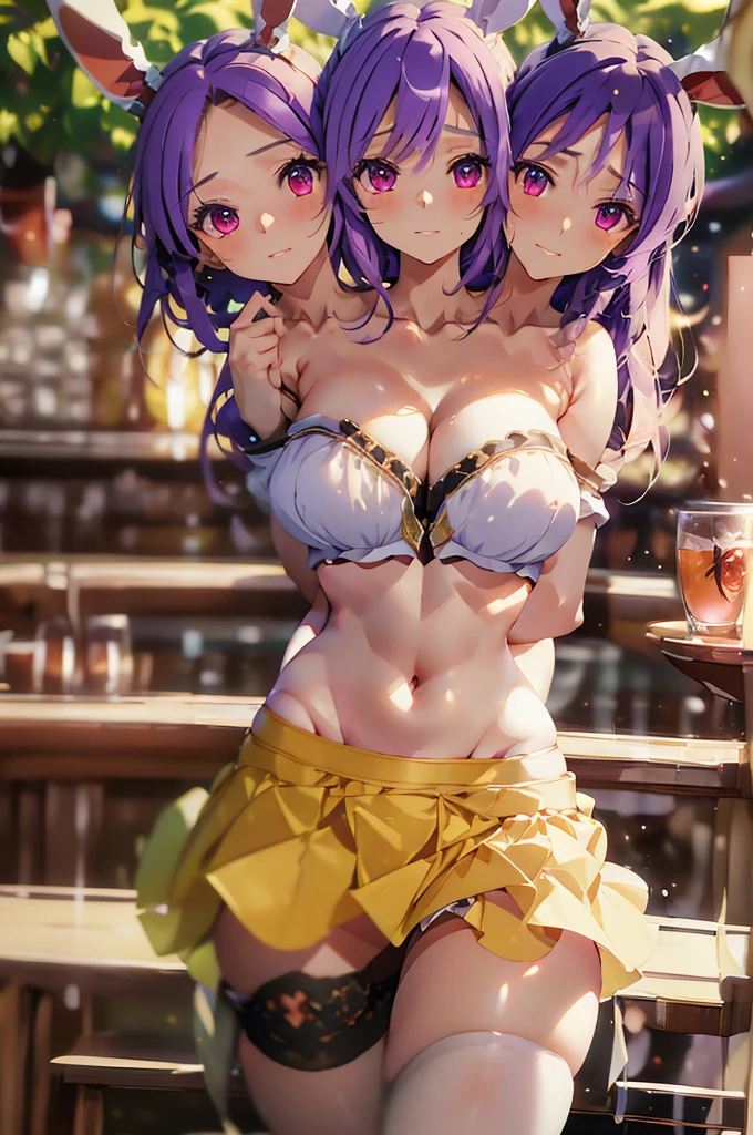 (masterpiece, best quality), best quality, (ultra-detailed), (3heads:1.5), 1girl, (reisen udongein inaba :1.3), masterpiece, best quality, ultra quality, ultra resolution, ultra detail, white top, crop top, ((stomach)), midriff, ((groin)), purple skirt, normal ears, shackles, purple hair, very long hair, wavy hair, sidelocks, red eyes, parted lips, very detailed eyes sweat, cute, toned belly, hand on own chest, eyelashes, (25 year old woman:1.3), (masterpiece:1.5), (best quality:1.5), (beautiful detailed), extremely detailed CG, extremely delicate and beautiful, depth of field, (finely detailed face), (perfect details:1.3), (mature female:1.3), wide pelvis, slender, large veiny breast, 16k resolution, highres, very high quality, high definition, extremely detailed, masterpiece, purple hair, long hair, alluring presence, braid, short skirt, close up, big tits, young, bunny ears,