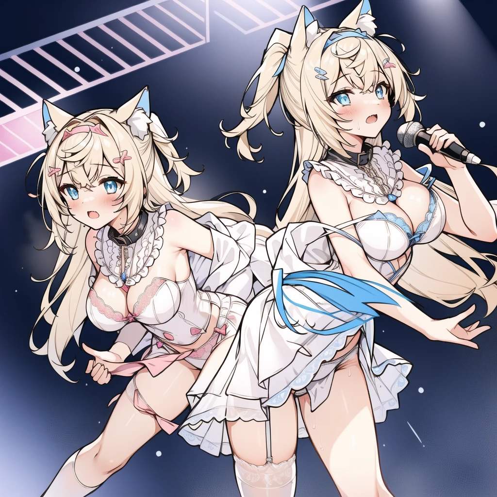 (masterpiece, best quality),  Intricate details,
 fuwamoco , Animal ears, Animal ears绒毛, 2 girls, Multiple girls, Hair accessories , blue eyes, Blonde hair, Adult women、The exact number of fingers、accurate number of legs、Exact number of arms、Bangs, Ribbon Ponytail, Brown hair, (blush:1), (Put one hand in your underwear:1.8), fingering, (cat juice:1.2), Mouth, (A woman holding a microphone ready to sing:1.5)、White and Navy Idol Outfit、The outfit includes a navy blue icon style corset., There is a ribbon on the collar of that costume.、Clothing covers shoulders, both sides, upper arm, and weapons., This costume is only open at the chest.、High socks、White idol style skirt, (Delicate and luxurious decorative lingerie:1.3), Ribbon at neckline, (White and pink with lots of lace:1.3), White lace:1.2), Sexy Lingerie, High Leg Raise、 beautiful big breasts, (stand erect:1), The skirt is rolled up、best quality, high resolution, (Delicate and beautiful eyes:1.6), The face is rich in detail, Perfect lighting, Very detailed CG, (Perfect hands, Perfect anatomical structure),Embarrassed expression、The expression of not wanting to go to the toilet, (Sexual pleasure expression:1.4), (expression of pain:1.2)、Close your eyes、sexy look、look up、The mouth is half open、、(live stage、A lot of viewers:1.3)、whole body