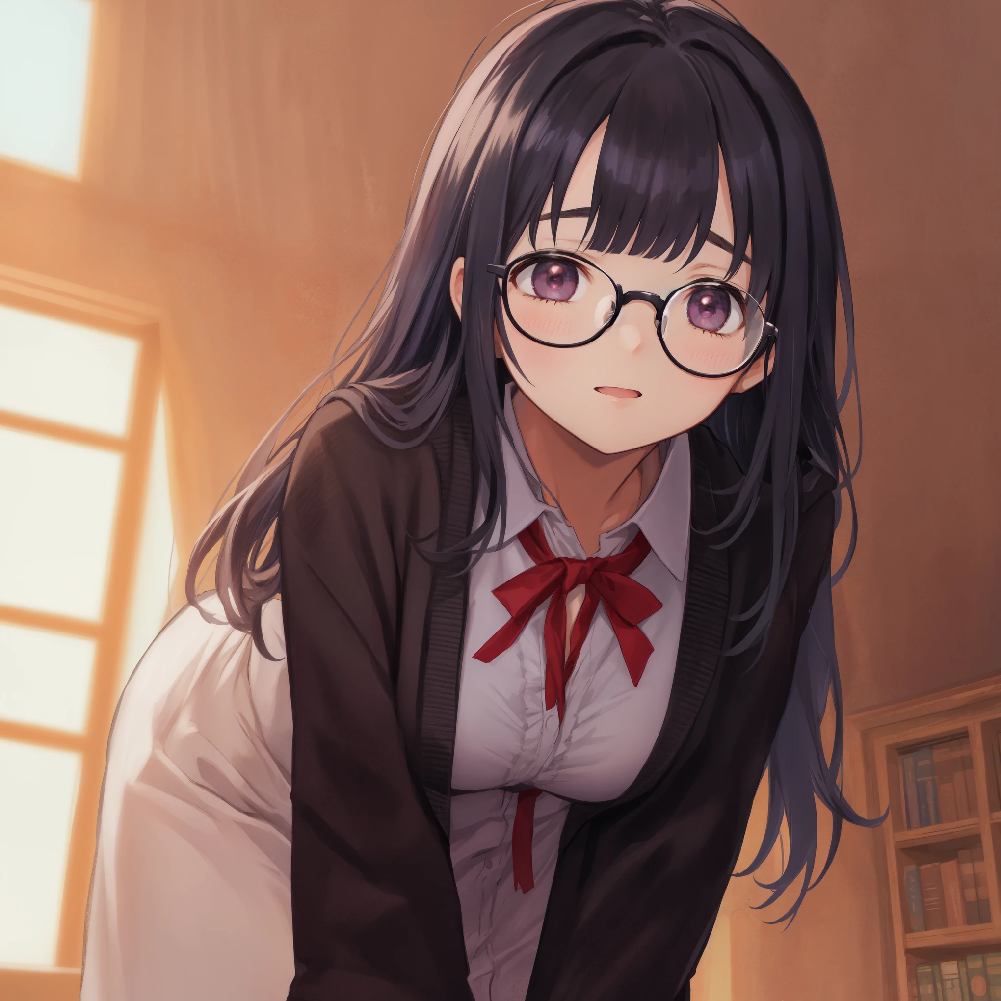 Beautiful illustrations, highest quality, High-quality backgrounds,pretty girl,Library,Glasses,Droopy eyes,From Below,put your hands on your knees,leaning forward,黒のcardigan,Red ribbon,Detailed shirt chest wrinkles,White shirt,Long pleated skirt,long blunt deep side part bangs hair、Glasses,High-quality backgrounds,{{beautiful large breasts 1:4}},{{look far away}},{{{high school girl}}},{{cardigan,White shirt}},black hair,BREAK,{{beautiful eye1:4}},BREAK,Five fingers