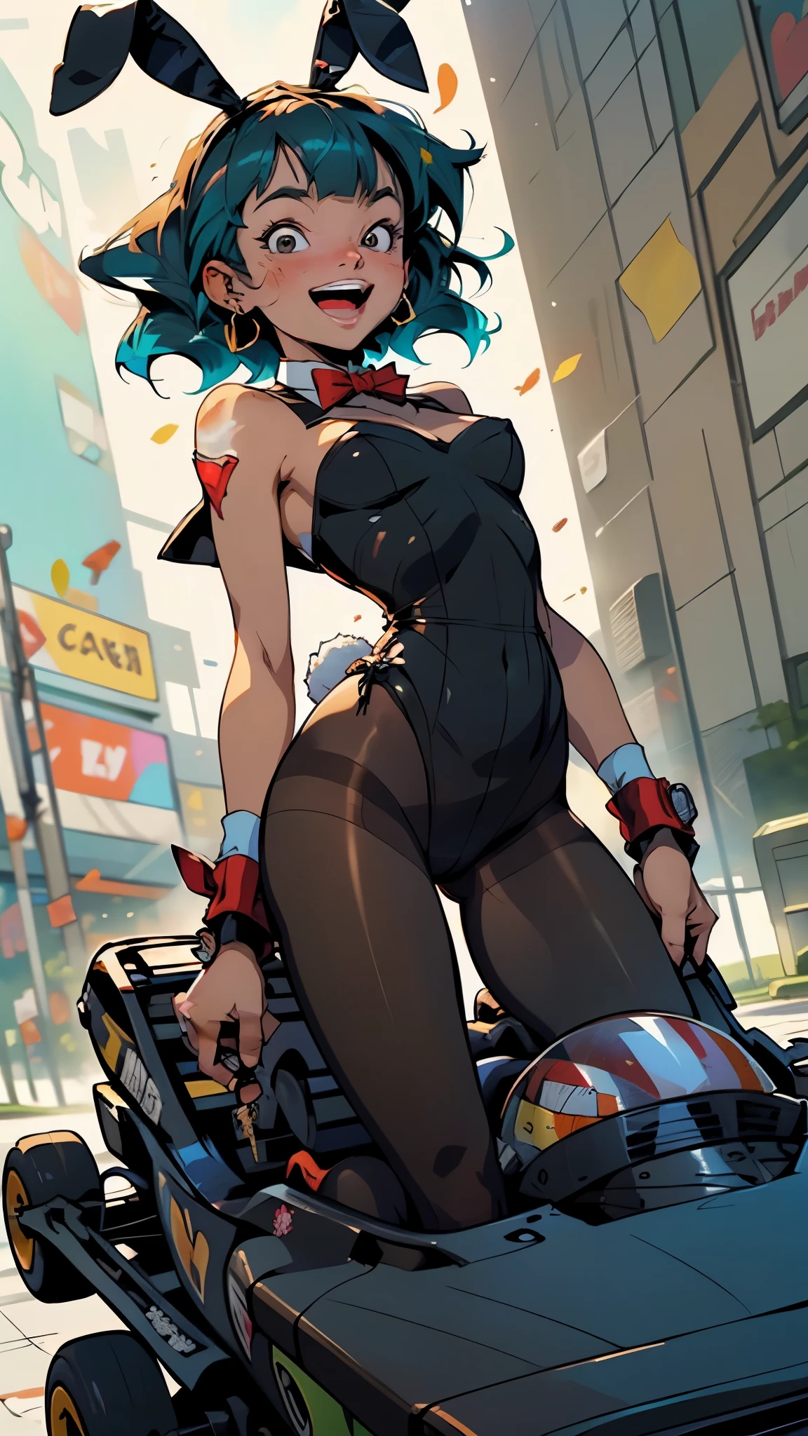 1girl, bulma, dragon ball, 

solo, aqua hair, blunt bangs, long hair, large breasts, narrow waist, 
(earrings, jewelry, playboy bunny, rabbit ears, black pantyhose, red bowtie, wrist cuffs, black leotard:1.3), 

(laughing:1.3), (speed lines, riding a racing kart:1.4), 

sunbeam, lens flare, circuit, 

(masterpiece:1.2), (best quality:1.2), mid, intricate details, ai-generated, (vibrant colors:1.3), anime coloring, cute, cartoonized, hand drawing, style of akira toriyama,(nsfw:0.55), ((flat chested, flat stomach, baby face)), (intense colors)