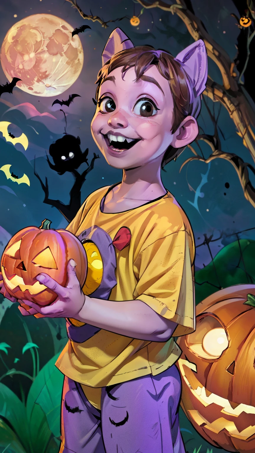 Cinematic Cartoon style. Comic art. TME0224 face, (((a baby boy, ***))) in a funny Halloween night (((wearing a Smiling Critters costume , yellow moon on the chest))). (((Comic halloween background))). cinematic lighting, drop shadow, masterpiece, UHD, anatomically correct, textured skin, super detail, high details, high quality, best quality, 4K