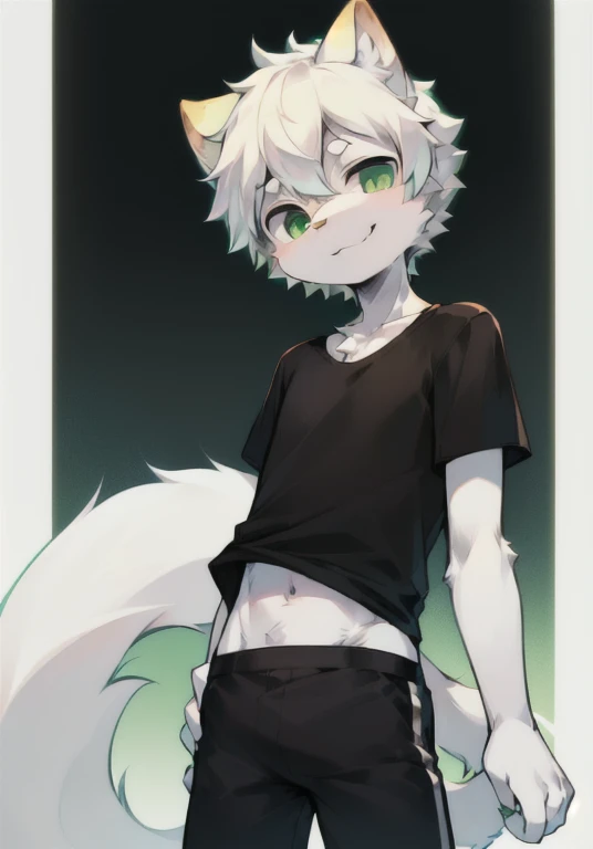 eyes with brightness, in a panoramic view, Character Focus Solo, shaggy, Furry male cat, Green-White fur for men, DarkGreen color eyes, White hair(The long),Wear black short,CasualCloths, Regular T-Shirt, Young style,height of one meter seven,pretty, There is a tail,happy expression, slim body, gentle