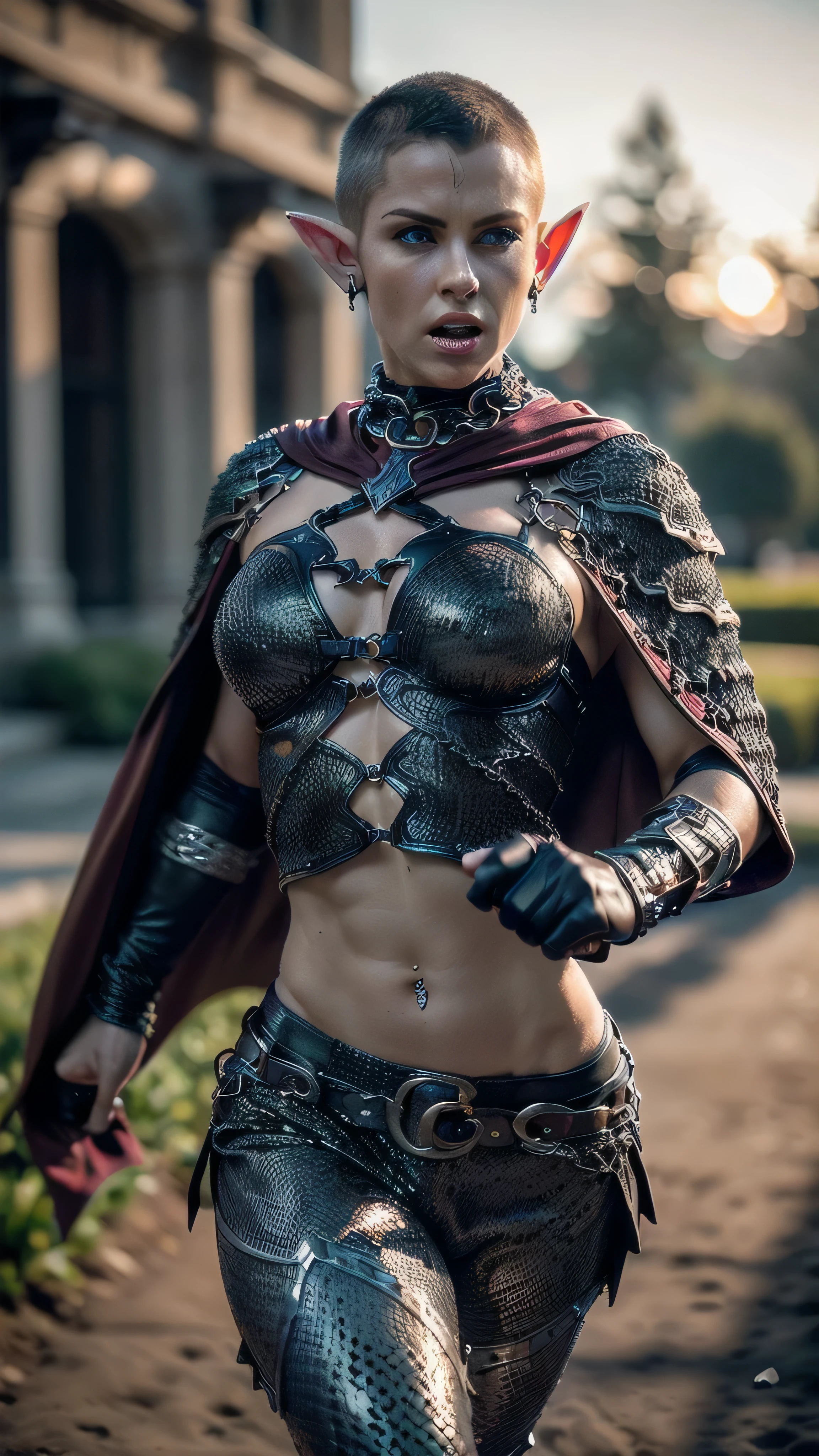 (masterpiece), (extremely intricate:1.3), (realistic), portrait of a muscular bodybuilder girl, (((medieval armor:1.6 ((matte black perfectchainmail, elf, elven, running fast, yelling), maroon cape, metal pants, portrait, (bullwhip)), wind blown blowing [green hair:dark hair:0.6])), tattoo:1.0), metal reflections, upper body, outdoors, intense sunlight, far away waterfall, professional photograph of a stunning woman detailed, ((short undercut shaved hair, dynamic pose)), sharp focus, dramatic, award winning, cinematic lighting, volumetrics dtx, (film grain, blurry background, blurry foreground, bokeh, depth of field, sunset, interaction), 8K