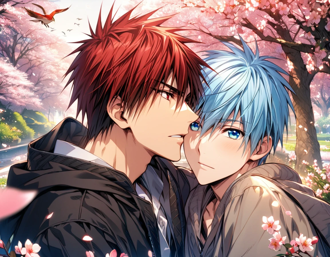absurdres, highres, ultra detailed, HDR, masterpiece, extremely detailed face and eyes, Kagami Taiga, red short hair, expressive red eyes, Kuroko No Basket, Kuroko Tetsuya, light-blue hair, expressive blue eyes, 2men together, gay couple, handsome, spring, blossoms, petals, birds, trees