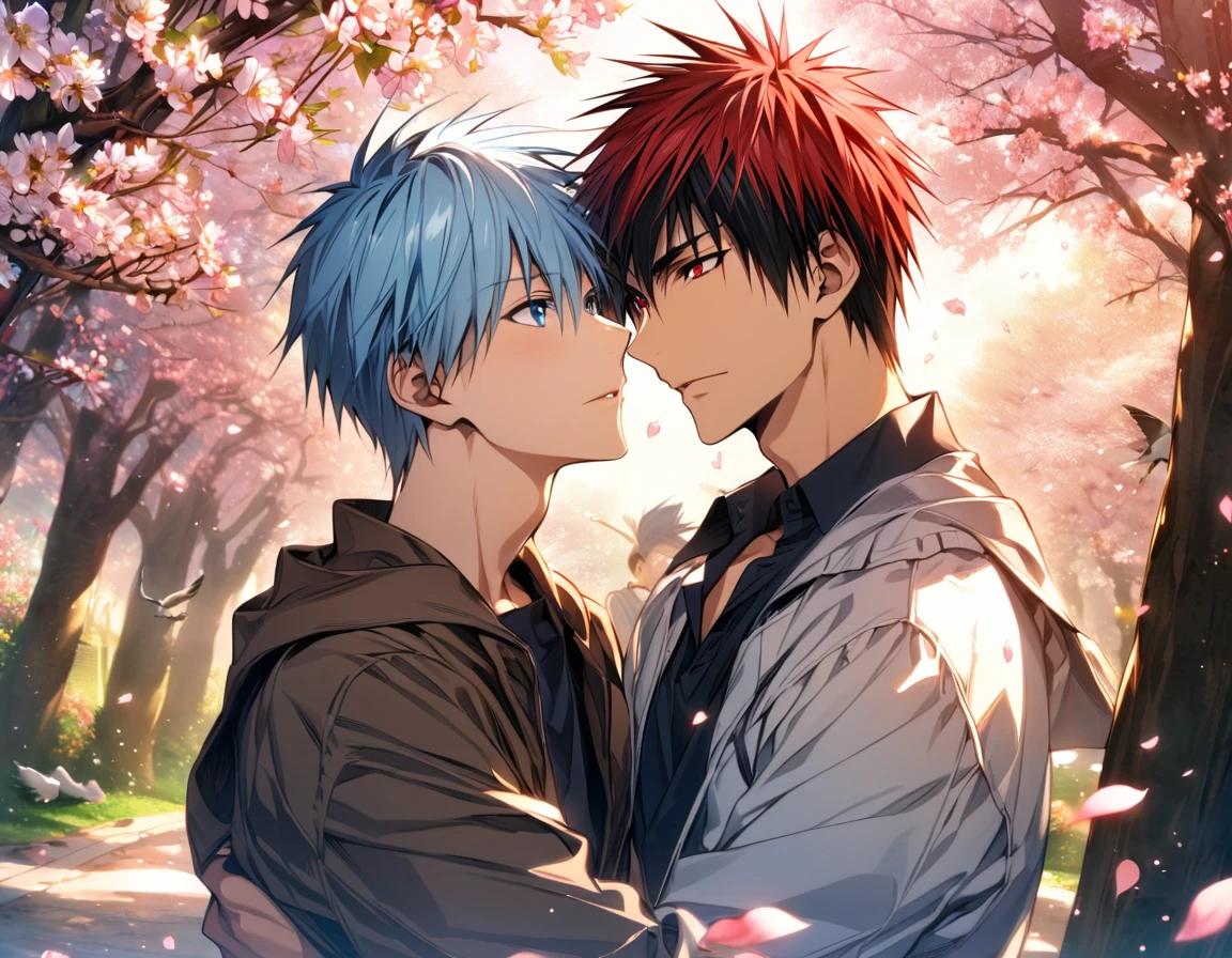 absurdres, highres, ultra detailed, HDR, masterpiece, extremely detailed face and eyes, Kagami Taiga, red short hair, expressive red eyes, Kuroko No Basket, Kuroko Tetsuya, light-blue hair, expressive blue eyes, 2men together, gay couple, handsome, spring, blossoms, petals, birds, trees