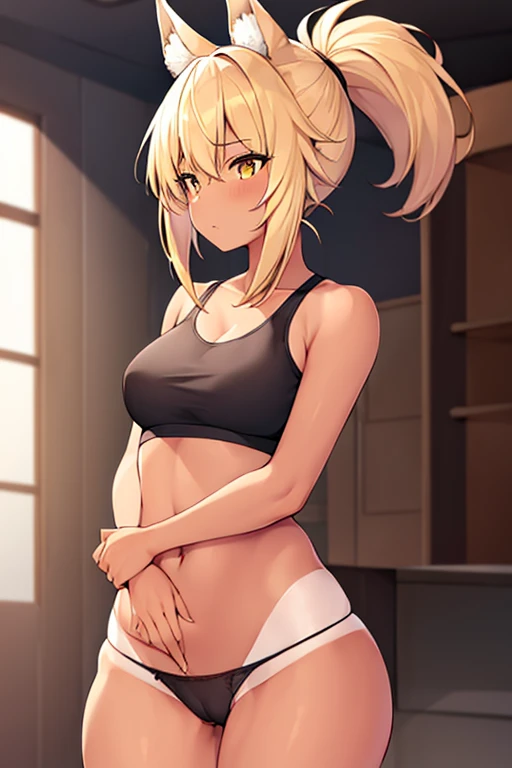 1girl, blonde hair, ponytail, wolf ears, tan skin, tan, highleg panties, panties, micro panties, cameltoe, sports bra, black sports bra, mall, shopping, bare legs, no pants, yellow eyes