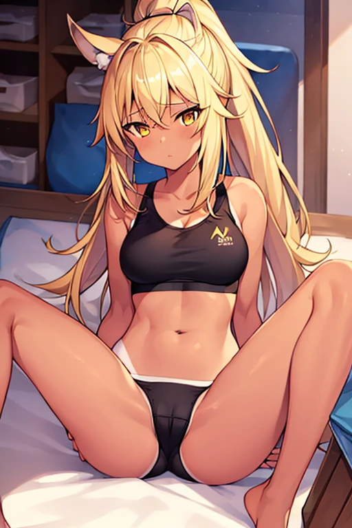 1girl, blonde hair, ponytail, wolf ears, tan skin, tan, highleg panties, panties, micro panties, cameltoe, sports bra, black sports bra, mall, shopping, bare legs, no pants, yellow eyes